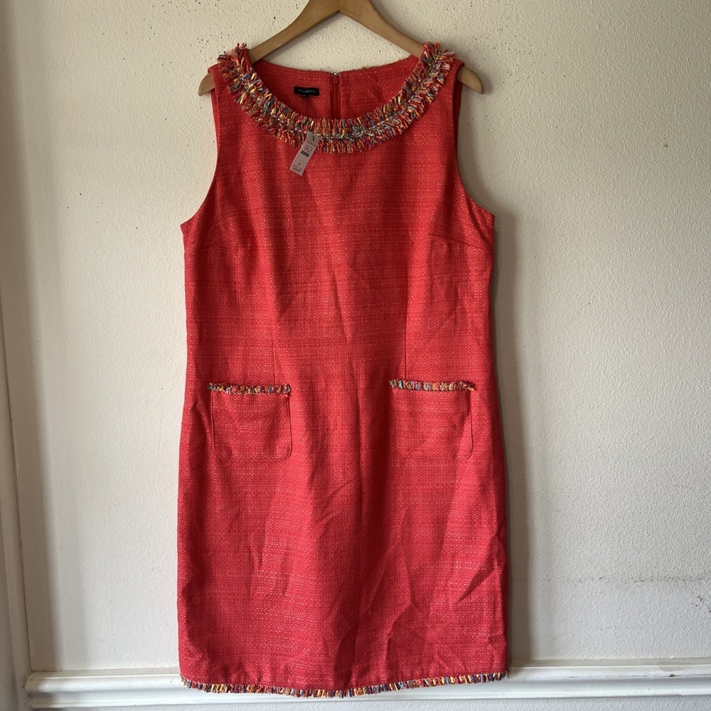 Talbots Textured Orange Fringe Neck Sheath Dress 16  Career Party  New Preppy